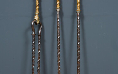 A set of 19th century brass and steel fire irons...