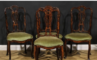 A set of four 19th century Dutch marquetry dining chairs, ea...