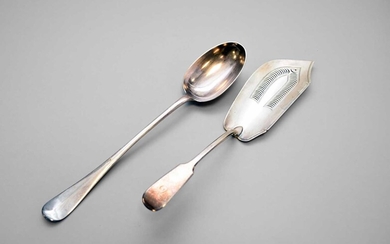A silver fish slice and a plated basting spoon