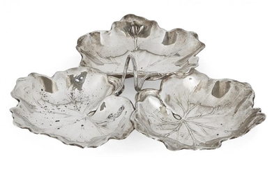 A silver triple leaf dish by Reed & Barton, designed with three leaf-shaped bowls to a loop handle modelled as a stem, stamped sterling, approx. 22cm dia., approx. weight 8.3oz