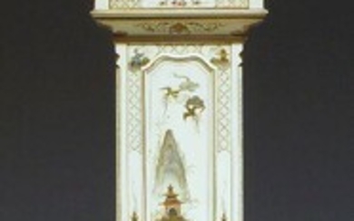 A white painted and chinoiserie style Grandmother clock, late 20th century, the brass dial with silvered Roman and Arabic numeral chapter ring, flanked by pierced spandrels, inscribed - 'Tempis Fugit', 149cm high Please note that Roseberys do not...
