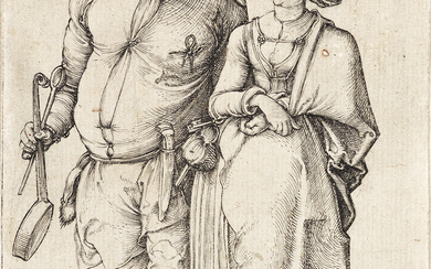 ALBRECHT DÜRER The Cook and his Wife. Engraving, circa 1496-97. 110x78 mm; 4⅜x3...