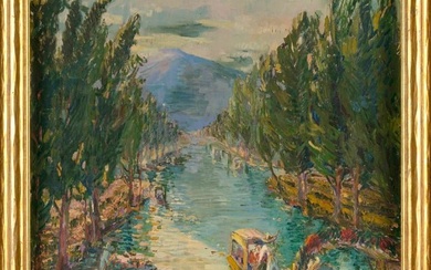 AMERICAN SCHOOL (Early 20th Century,), Travelers on a river., Oil on canvas, 20" x 20". Framed 23.5"