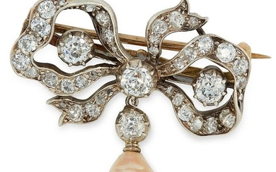 AN ANTIQUE DIAMOND AND PEARL BOW BROOCH the bow set