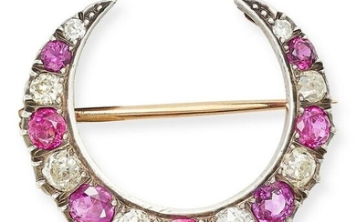 AN ANTIQUE VICTORIAN RUBY AND DIAMOND CRESCENT MOON BROOCH designed as a crescent moon, set with