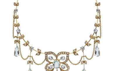 AN AUSTRALIAN AQUAMARINE AND SEED PEARL NECKLACE