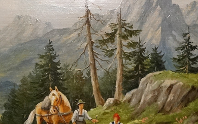 ARNO ZETZMANN. HIKING WITH HORSE IN THE MOUNTAINS, OIL PAINTING, SIGNED, AROUND 1930.