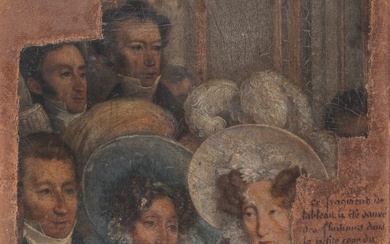 AUTEUR INDÉTERMINÉ. La famille royale, sous Louis-Philippe. Fragment d’huile sur toile, contrecollé sur carton, portant...