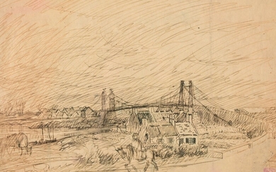 Adolphe BEAUFRERE (1876-1960) "The Lorois Bridge" ink mbd 20.5x29