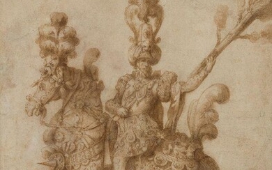 Alessandro Spallieri (or Spalliero), Italian, fl.1590s in Rome; A Cavalier holding a flaming torch, mounted on a horse, both wearing luxurious costumes; pen and brown ink and brown wash on laid paper, indistinctly signed 'Alesandro Spaglie' on the...