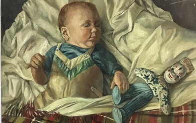 Alice Rebecca Kendall (1922-2011) oil on canvas, Baby and toy, signed N.B. Alice Rebecca Kendall was the President of the Royal Society of Women Artists