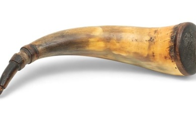 American Carved Powder Horn, Ca. 18th C., L 12"