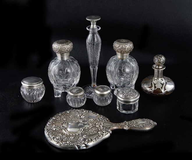 American Sterling Silver, Overlay and Cut-Glass Perfumes, Jars and Mirror (9pcs)