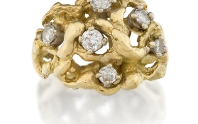 An 18ct gold and diamond abstract ring, the textured openwork mount set with six brilliant-cut diamonds, approx. ring size O½
