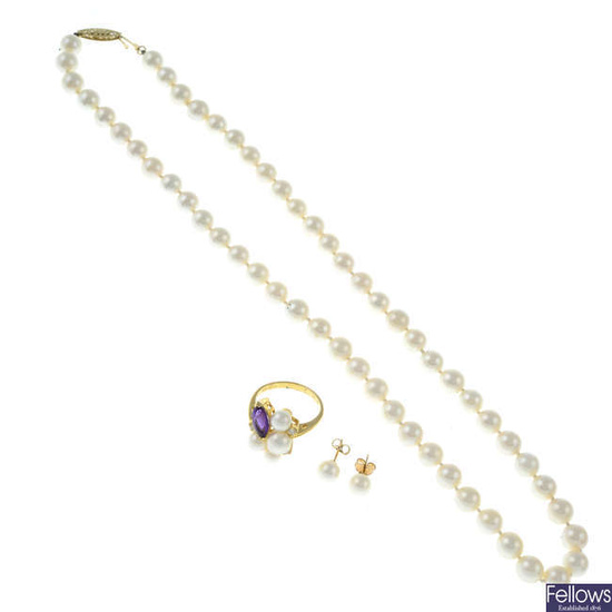 An 18ct gold cultured pearl, amethyst and brilliant-cut diamond dress ring, together with a cultured pearl necklace and a pair of stud earrings.
