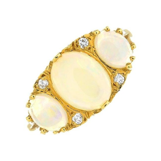 An 18ct gold opal three-stone ring, with brilliant-cut
