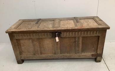 An 18th century and later oak coffer, width 143cm, depth 58c...