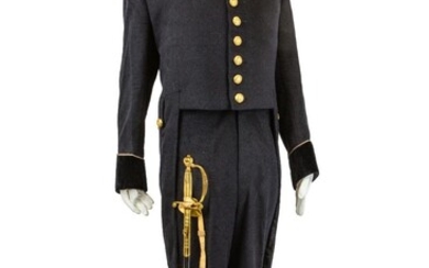 An Elizabeth II British ceremonial diplomatic service uniform, post 1957, comprising: dress coat with gilt mounted Royal Arms buttons and black velvet facings, the collar edged with gilt oakleaf lace; companion trousers with gold oakleaf lace...