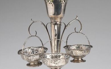 An English silver epergne with green glass liner-vase
