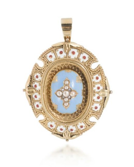 An Etruscan revival enamel, diamond and pearl pendant