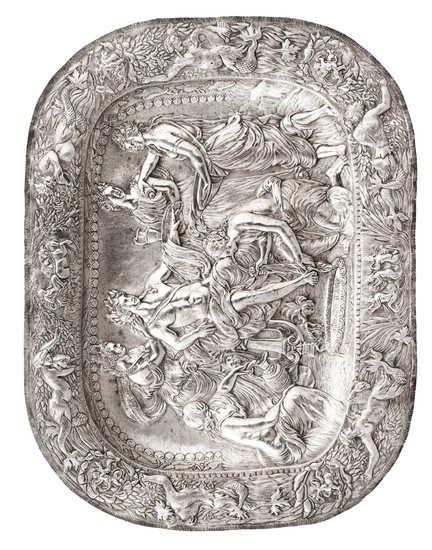 An Italian large silver rectangular presentation dish, unmarked, signed S.T. Varti, Genoa, dated 1674