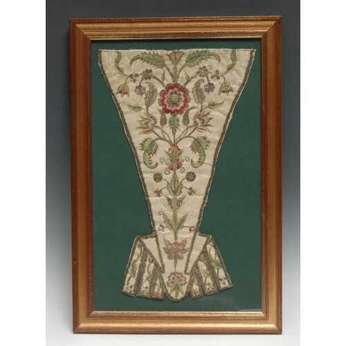 An early 18th century needlework stomacher, worked in silk w...