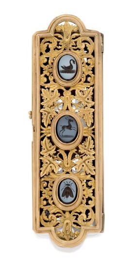 An early 19th century gold buckle, the rectangular gold pierced foliate panel set with three hardstone nicolo intaglios each engraved with an animal including a swan, deer and fly, within collet mounts, to steel claw fittings, c.1830, approx...