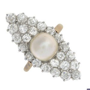 An early 20th century 18ct gold natural pearl and diamond cluster ring.