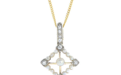 An early 20th century platinum and gold diamond, seed and split pearl pendant, suspended from an 18ct gold chain.