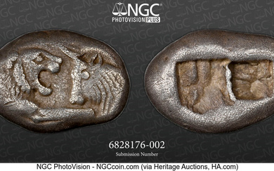 Ancients: , LYDIAN KINGDOM. Croesus (561-546 BC). AR half-stater or siglos (17mm, 5.18 gm). NGC VF 5/5 - 3/5, light scuffs....