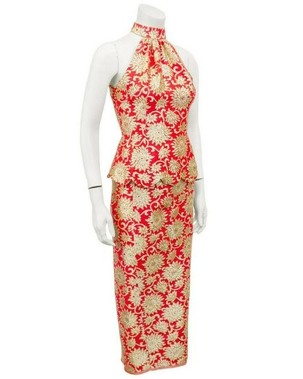 Anonymous Coral and Gold Brocade Ensemble