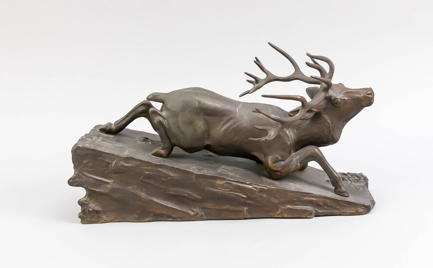 Anonymous sculptor around 1900, dead stag on rock ramp, dark brown patinated bronze, unsigned, 11 x 21 x 38 cm