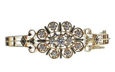 Antique 14k Gold Diamond Enamel Bangle Bracelet