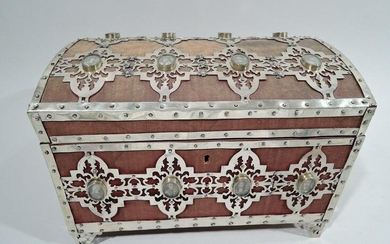 Antique Box - Large Heirloom Casket - Wood Metal Silver Watercolor
