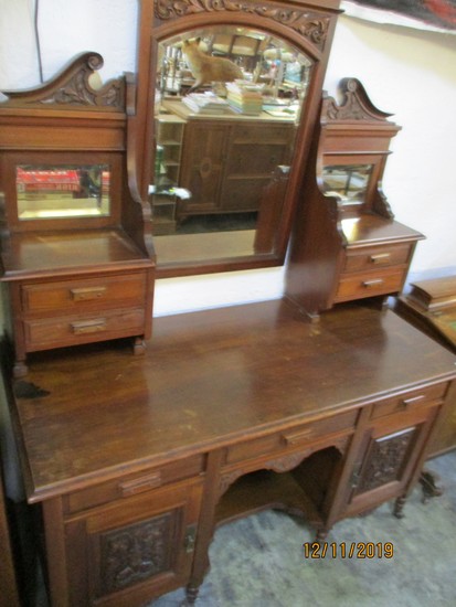 Antique Carved Wooden Dressing Table with Ornate Top Mirror