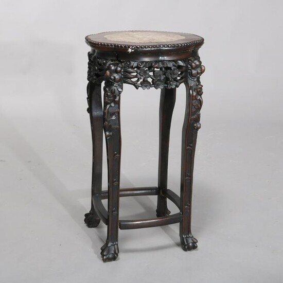 Antique Chinese Carved Rosewood Marble-Top Plant Stand