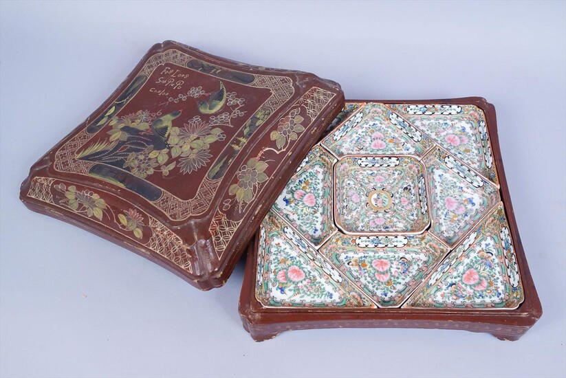 Antique Chinese Export Porcelain Hand Painted Tray Set in Lacquer Case AFR3SH