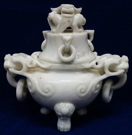 Antique Chinese White Jadeite Jade Dragon Censer