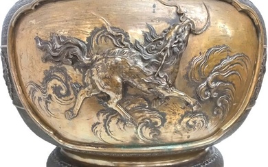 Antique Qing Chinese Xuande Ming Mark Bronze Phoenix Dragon 18 Inch Censer Jardiniere 1 Of 4 In Sale