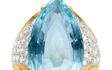 Aquamarine, Diamond, Gold, Silver Ring Stones: Pear-shaped aquamarine weighing...