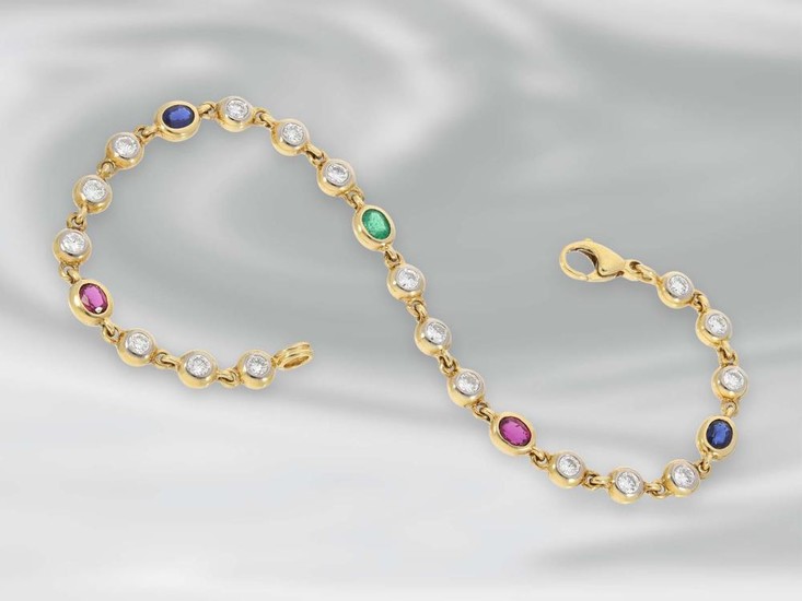 Armband: feines goldenes Armband mit Smaragd-, Rubin-, Saphir- und Brillantbesatz, ca. 3,13ct, 18K Gold, ungetragen