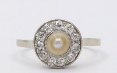 Art Deco Platinum and 14K Gold Pearl and Diamond Halo...