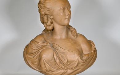 Augustin Pajou (1731-1809) d'après, buste de Madame du Barry en terre cuite patinée, signée au...
