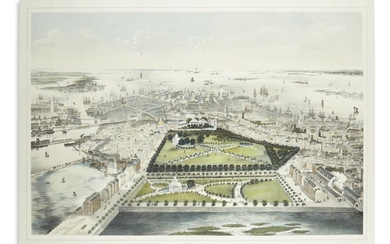 [BACHMANN, JOHN, after.] Bird's Eye View of Boston. Hand-colored tinted lithographed view of...