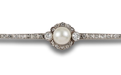BELLE EPOQUE DIAMOND AND PEARL BROOCH, POSSIBLY NATURAL, IN YELLOW GOLD AND PLATINUM