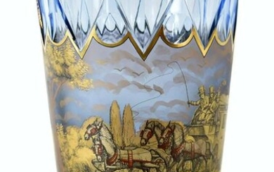 BOHEMIAN GILT DECORATED CUT BLUE GLASS VASE