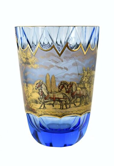 BOHEMIAN GILT DECORATED CUT BLUE GLASS VASE