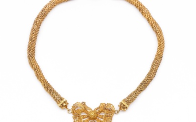Beneden wettelijk gehalte gouden cannetille collier, 1e helft 19e eeuw.