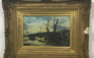 Boats in Harbor Signed Oil on Canvas