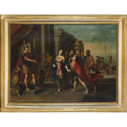 Bolognese school, early 18th century Biblical scene Oil on canvas, 99x135 cm. Framed (defects and restorations)